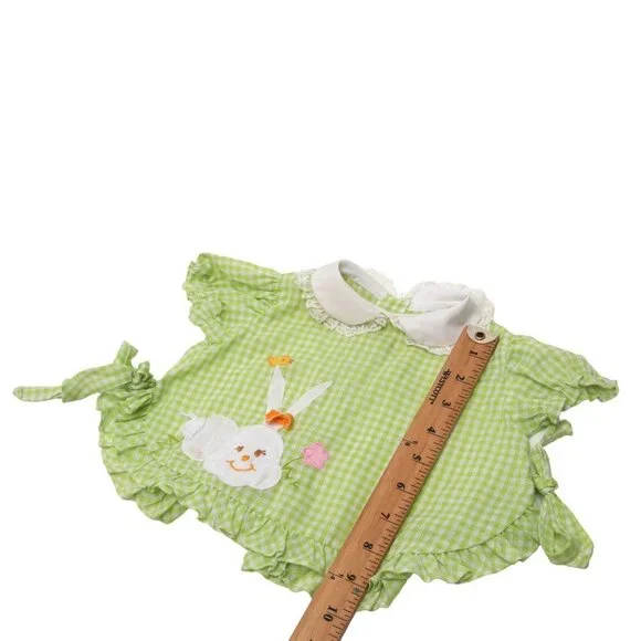 Vintage Baby Girl Green Dress Gingham Checkered Outfit Lightweight Bunny Frills - Picture 6 of 10